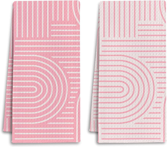 Abstract Boho Pink Kitchen Towels, Minimalist Contemporary Dish Tea Towels for Kitchen Decor, Mid Century Modern Pink Decorative Hand Towel for Bathroom, 16x24 Inches Set of 2