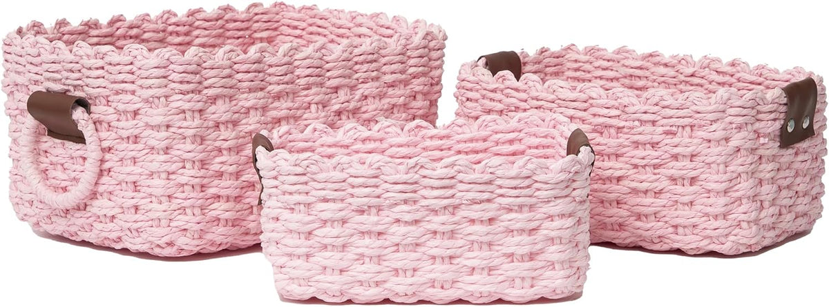 Woven Paper Rope Wicker Basket for Organizing(Set of 3,Pink)