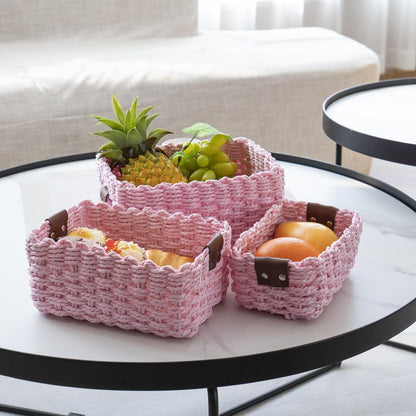 Woven Paper Rope Wicker Basket for Organizing(Set of 3,Pink)