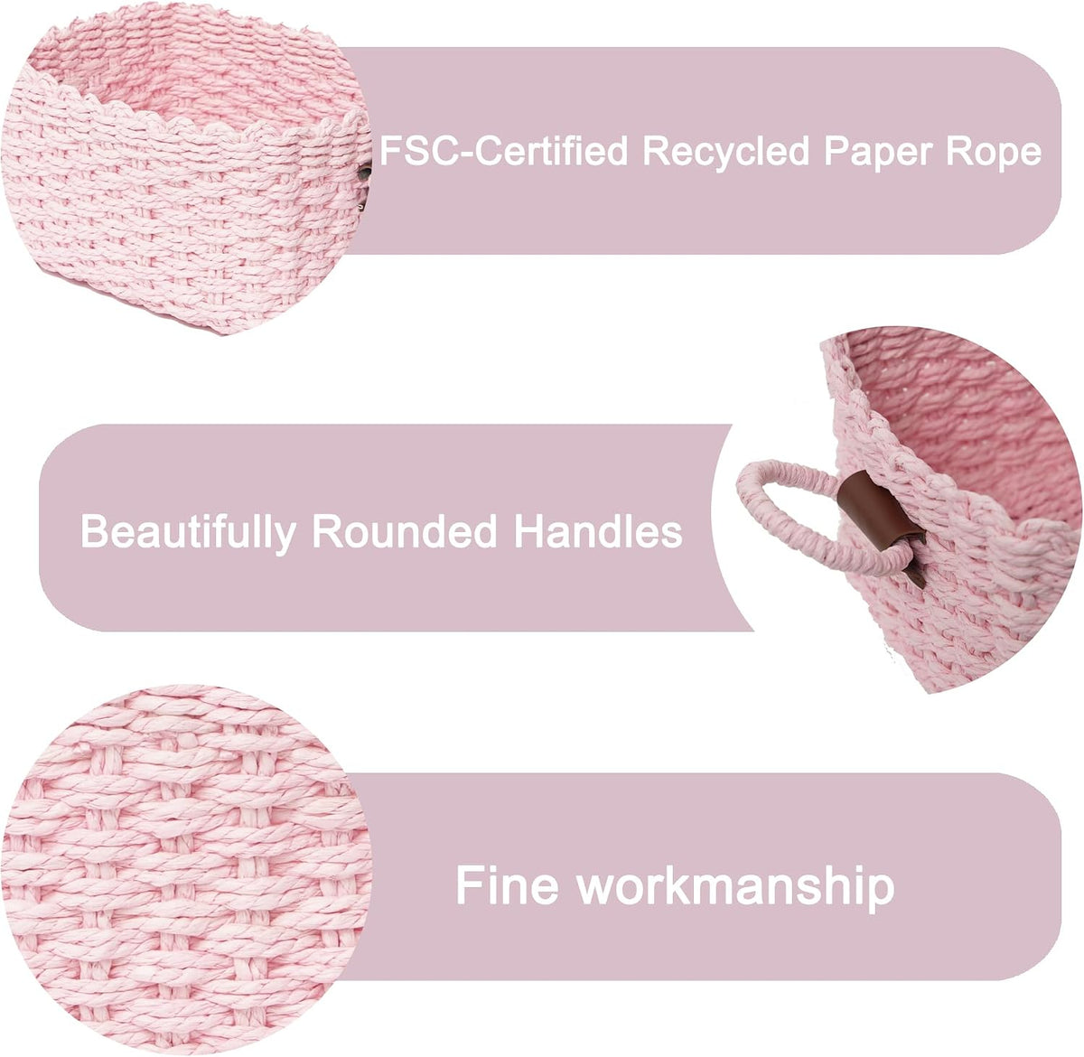 Woven Paper Rope Wicker Basket for Organizing(Set of 3,Pink)