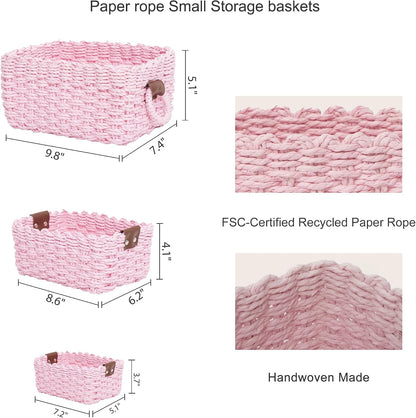 Woven Paper Rope Wicker Basket for Organizing(Set of 3,Pink)