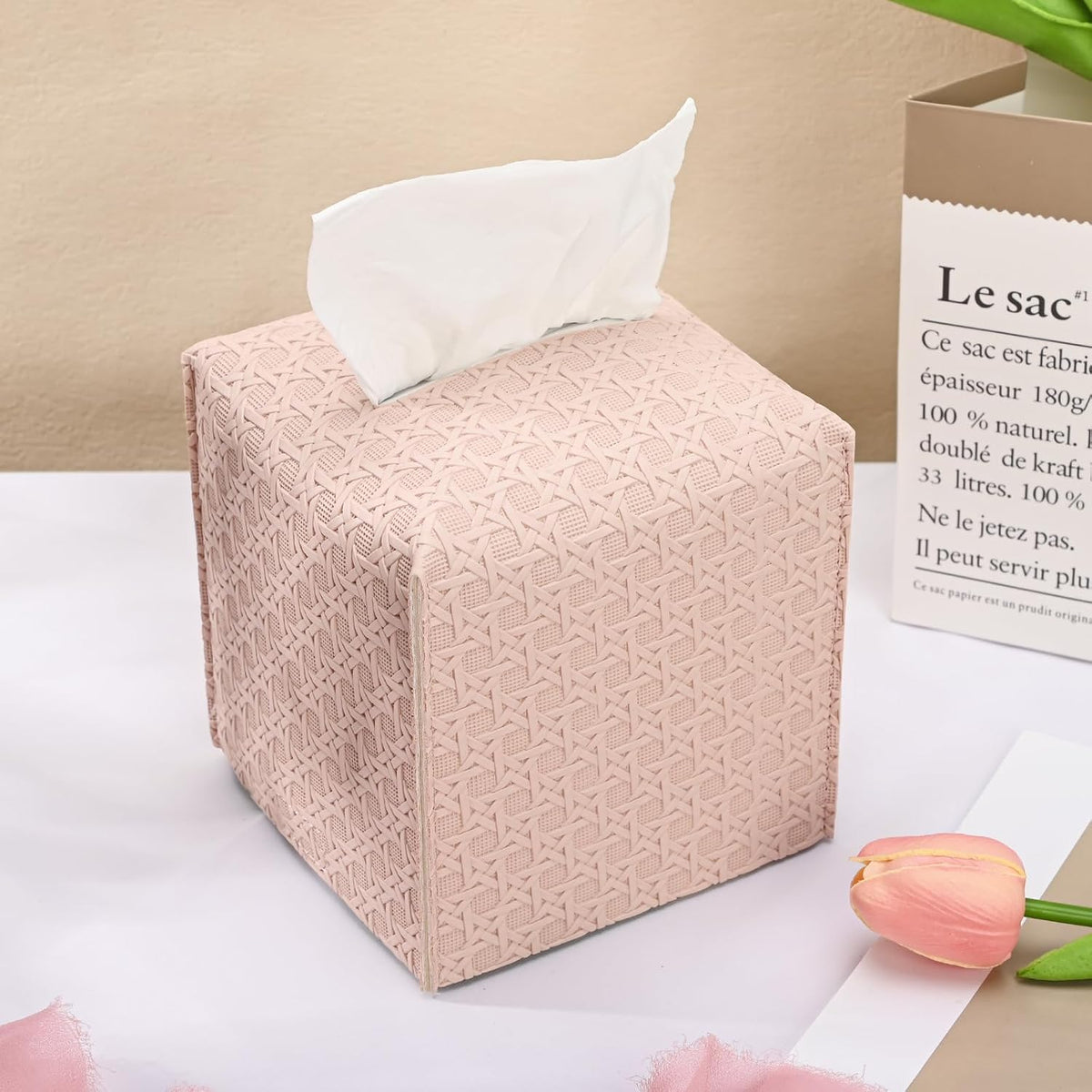 1 Pack Tissue Box Cover, Square PU Leather Tissue Holder, Decorative Facial Tissue Cube Paper Organizer Dispenser for Bathroom, Night Stands, Desk, Car 5X5X5'' - Rattan Weave, Macaron Pink