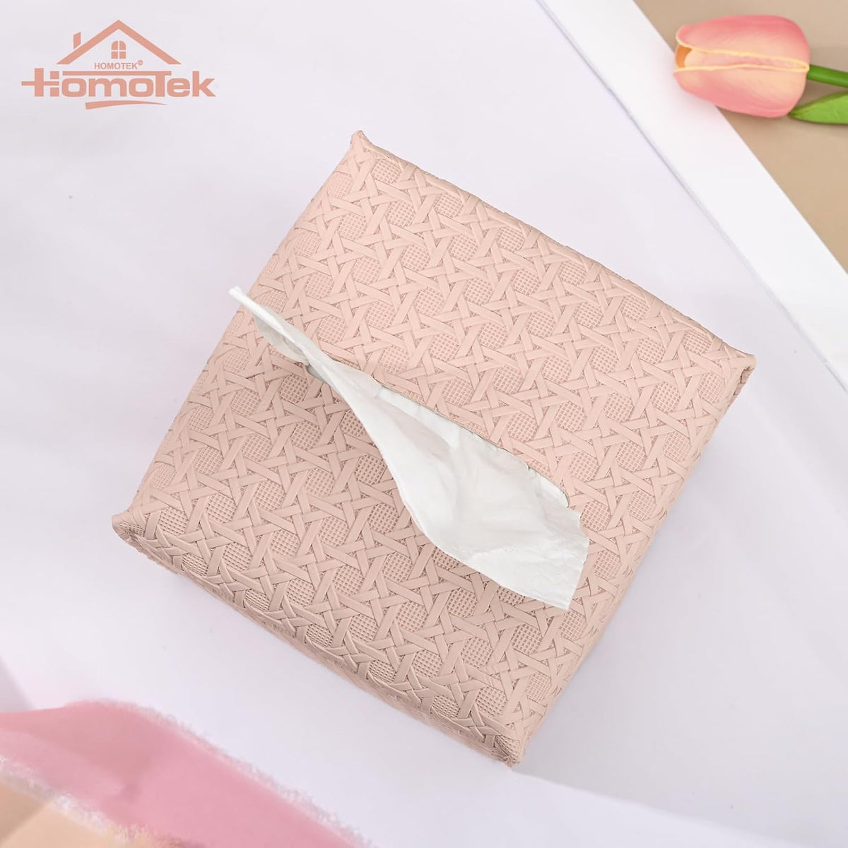 1 Pack Tissue Box Cover, Square PU Leather Tissue Holder, Decorative Facial Tissue Cube Paper Organizer Dispenser for Bathroom, Night Stands, Desk, Car 5X5X5'' - Rattan Weave, Macaron Pink