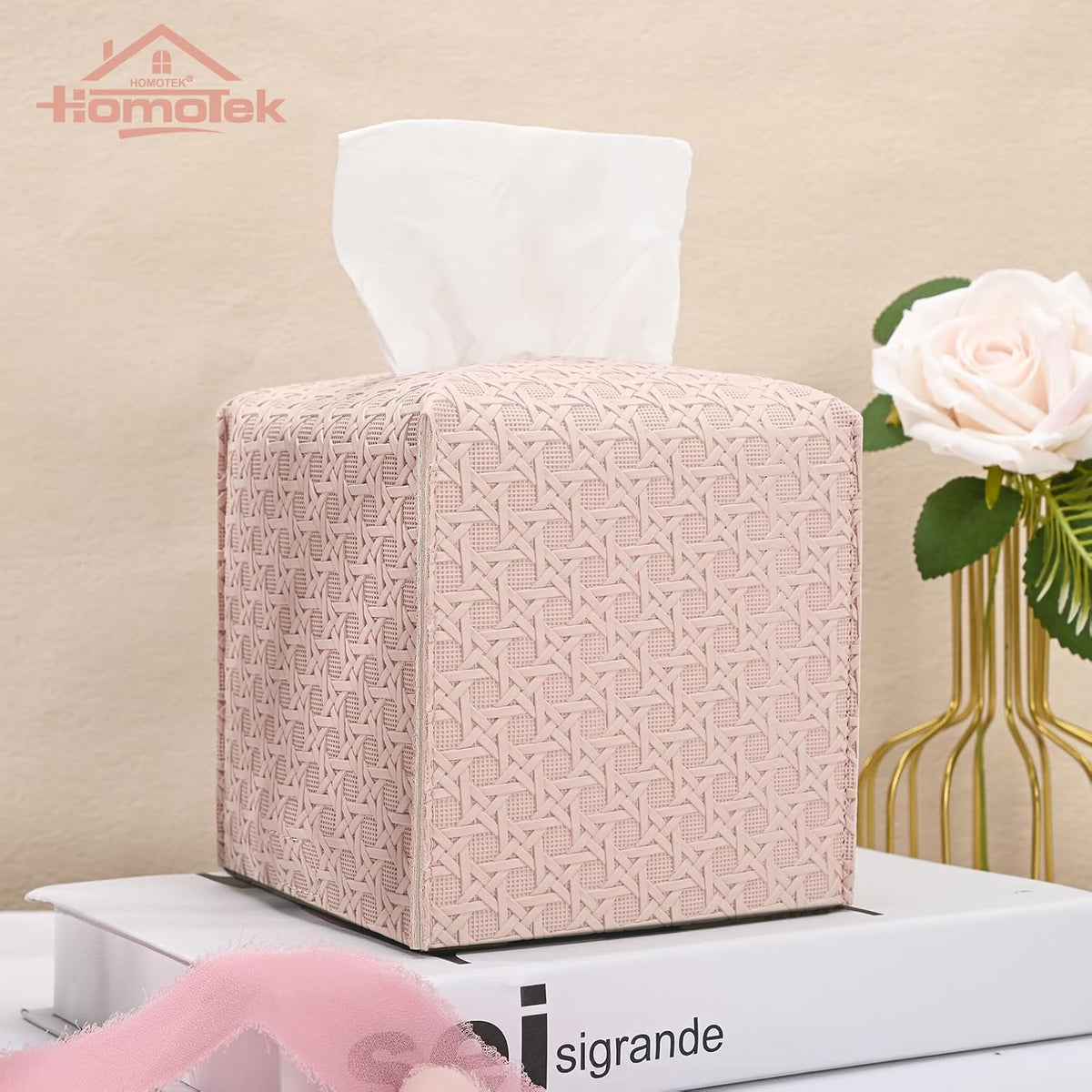 1 Pack Tissue Box Cover, Square PU Leather Tissue Holder, Decorative Facial Tissue Cube Paper Organizer Dispenser for Bathroom, Night Stands, Desk, Car 5X5X5'' - Rattan Weave, Macaron Pink