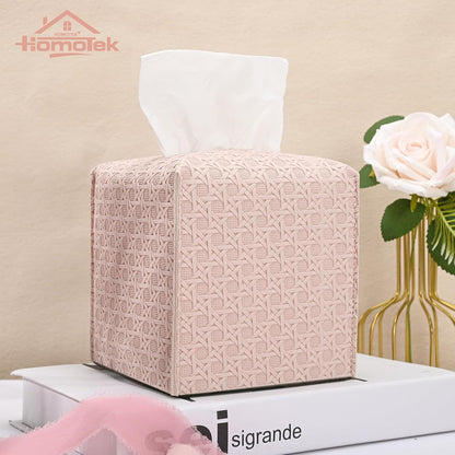 1 Pack Tissue Box Cover, Square PU Leather Tissue Holder, Decorative Facial Tissue Cube Paper Organizer Dispenser for Bathroom, Night Stands, Desk, Car 5X5X5'' - Rattan Weave, Macaron Pink