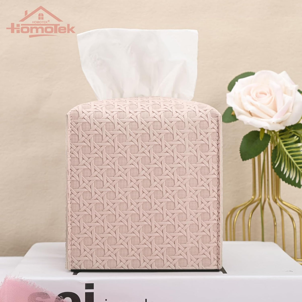 1 Pack Tissue Box Cover, Square PU Leather Tissue Holder, Decorative Facial Tissue Cube Paper Organizer Dispenser for Bathroom, Night Stands, Desk, Car 5X5X5'' - Rattan Weave, Macaron Pink