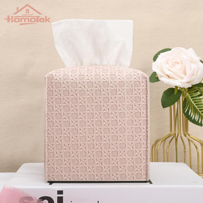 1 Pack Tissue Box Cover, Square PU Leather Tissue Holder, Decorative Facial Tissue Cube Paper Organizer Dispenser for Bathroom, Night Stands, Desk, Car 5X5X5'' - Rattan Weave, Macaron Pink