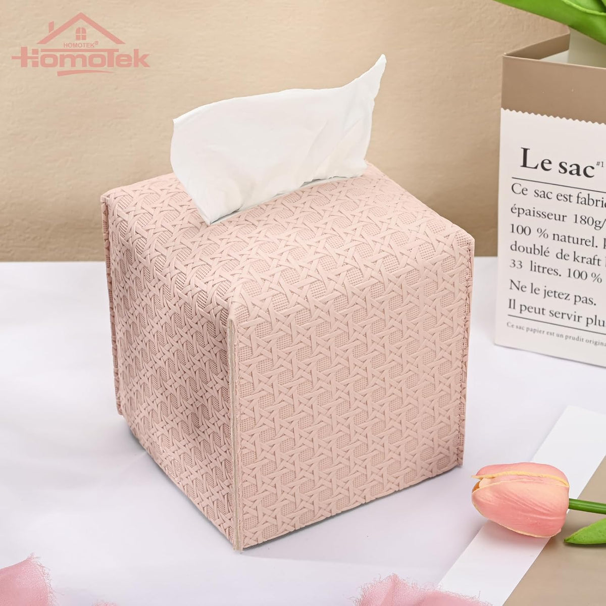 1 Pack Tissue Box Cover, Square PU Leather Tissue Holder, Decorative Facial Tissue Cube Paper Organizer Dispenser for Bathroom, Night Stands, Desk, Car 5X5X5'' - Rattan Weave, Macaron Pink
