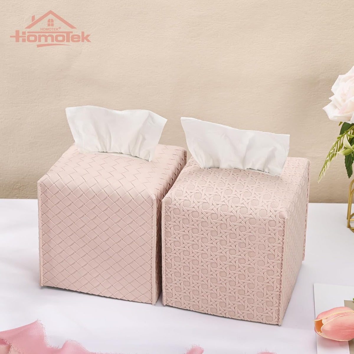 1 Pack Tissue Box Cover, Square PU Leather Tissue Holder, Decorative Facial Tissue Cube Paper Organizer Dispenser for Bathroom, Night Stands, Desk, Car 5X5X5'' - Rattan Weave, Macaron Pink