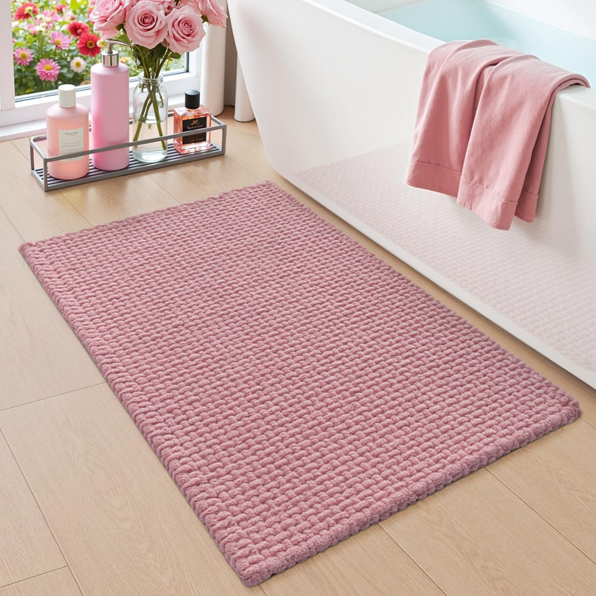 Chenille Bath Mat 24x16, Soft Absorbent Bathroom Rugs, Pink