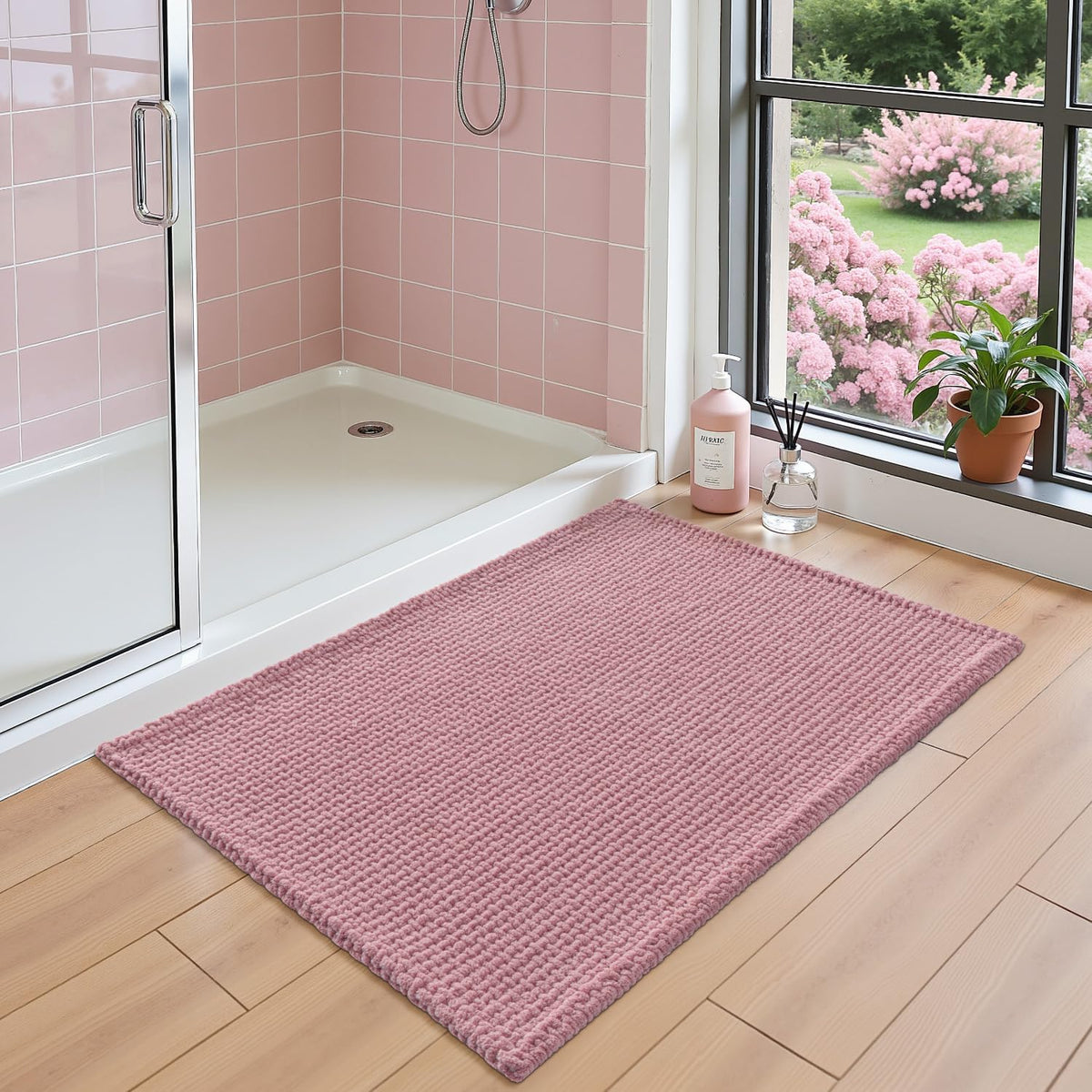 Chenille Bath Mat 24x16, Soft Absorbent Bathroom Rugs, Pink