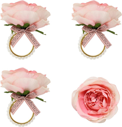 4 Pack Pink Flower Napkin Rings Elegant Pearl Napkin Rings Rustic Rose Napkin Rings for Wedding Birthday Banquet Anniversary