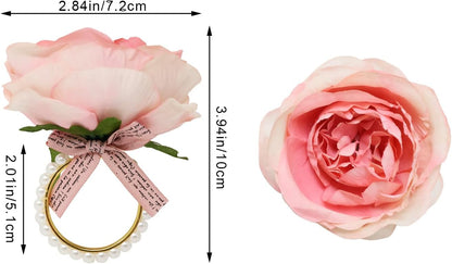 4 Pack Pink Flower Napkin Rings Elegant Pearl Napkin Rings Rustic Rose Napkin Rings for Wedding Birthday Banquet Anniversary