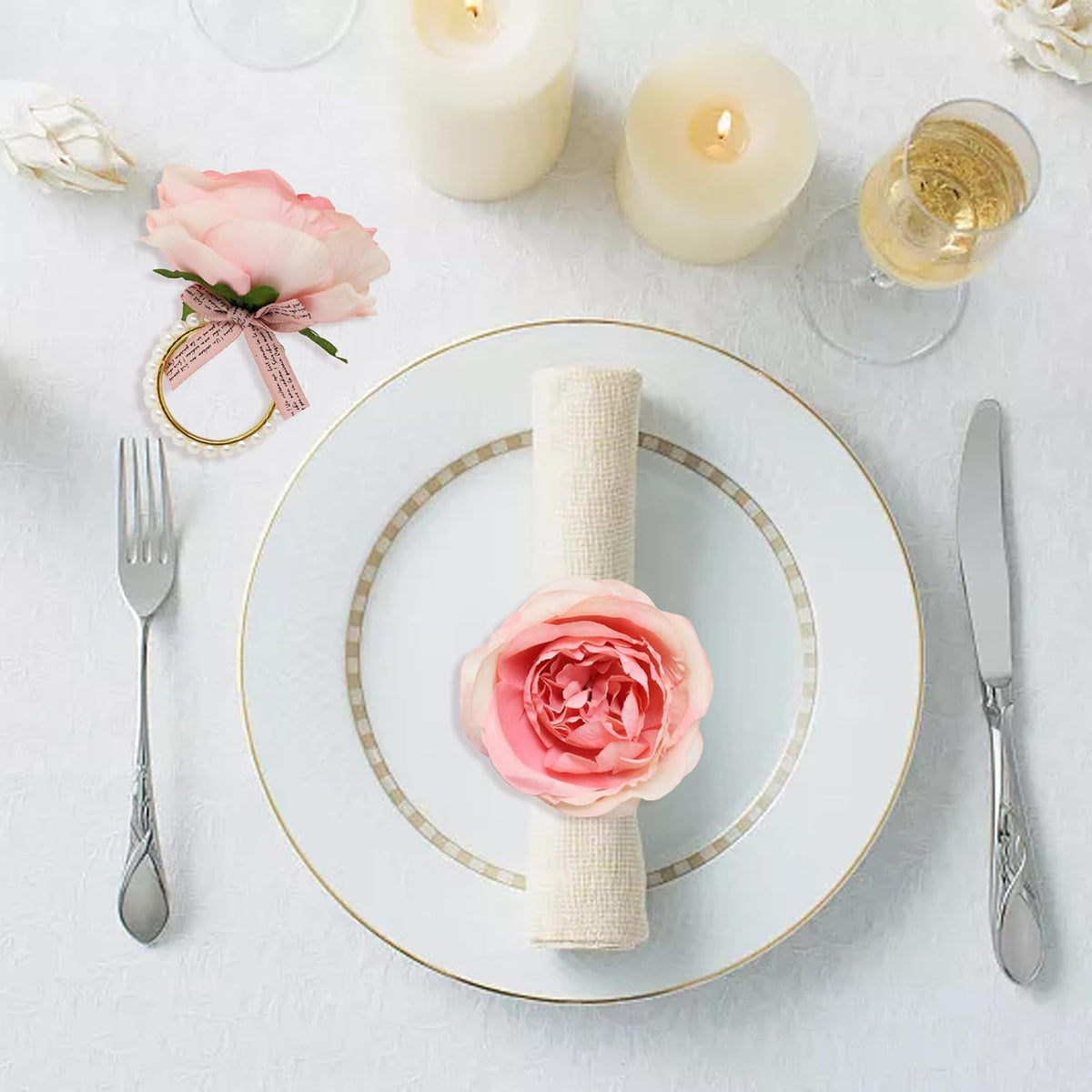 4 Pack Pink Flower Napkin Rings Elegant Pearl Napkin Rings Rustic Rose Napkin Rings for Wedding Birthday Banquet Anniversary
