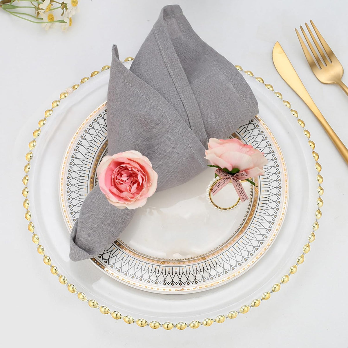 4 Pack Pink Flower Napkin Rings Elegant Pearl Napkin Rings Rustic Rose Napkin Rings for Wedding Birthday Banquet Anniversary