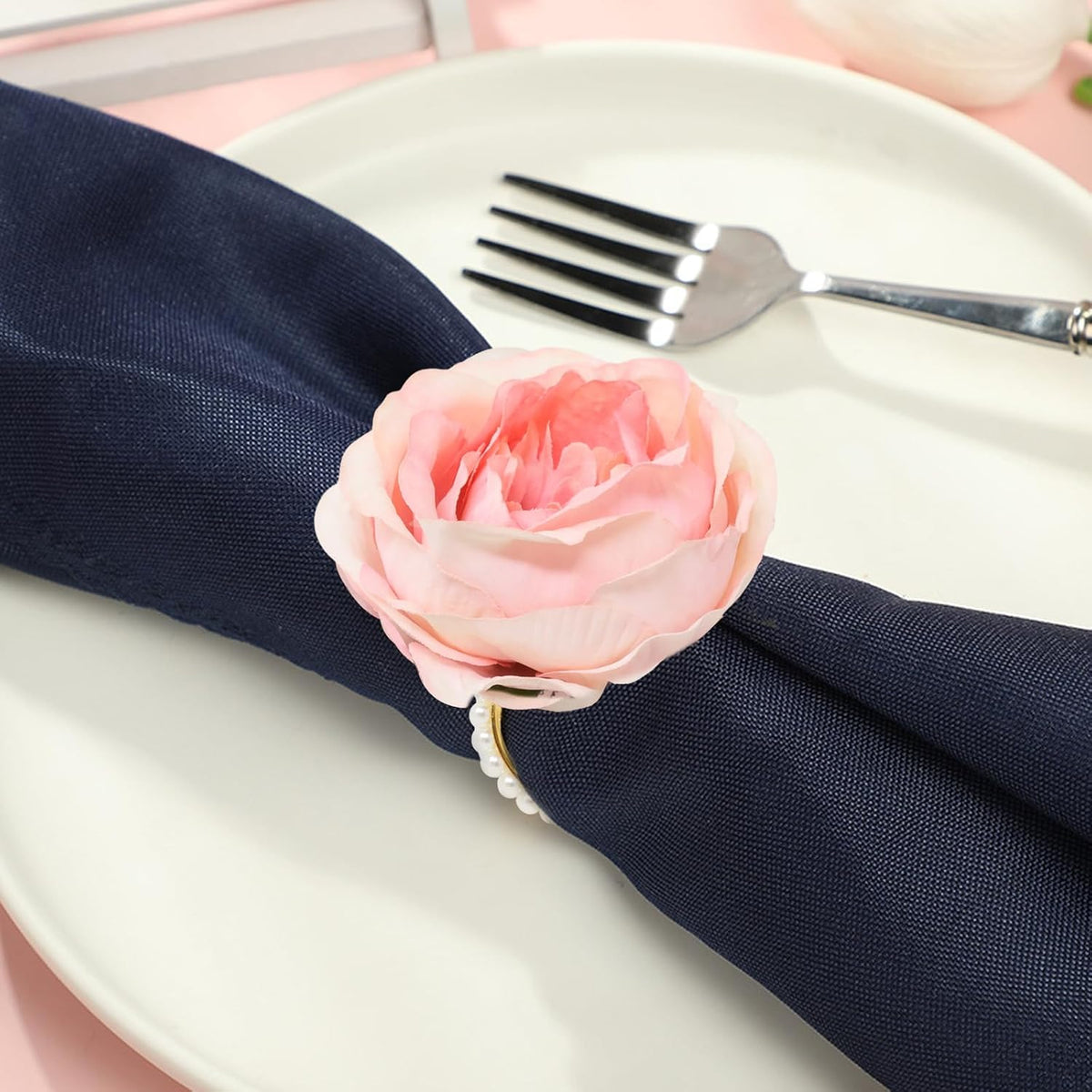 4 Pack Pink Flower Napkin Rings Elegant Pearl Napkin Rings Rustic Rose Napkin Rings for Wedding Birthday Banquet Anniversary