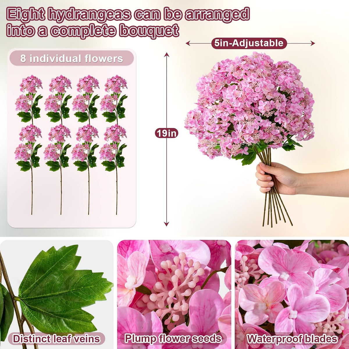 8Pcs Real Touch Hydrangea Pink Hydrangea Artificial Flowers Silk Hydrangea Flowers Full Faux Hydrangea Flowers with Stems for Home Decor Party Arrangements Wedding Bouquets Centerpieces (Light pink)