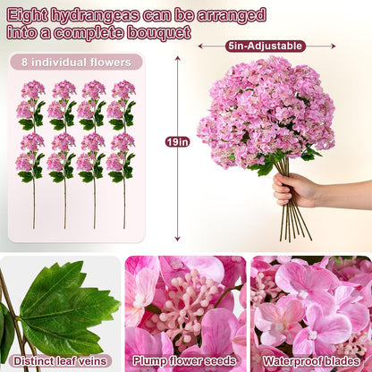 8Pcs Real Touch Hydrangea Pink Hydrangea Artificial Flowers Silk Hydrangea Flowers Full Faux Hydrangea Flowers with Stems for Home Decor Party Arrangements Wedding Bouquets Centerpieces (Light pink)