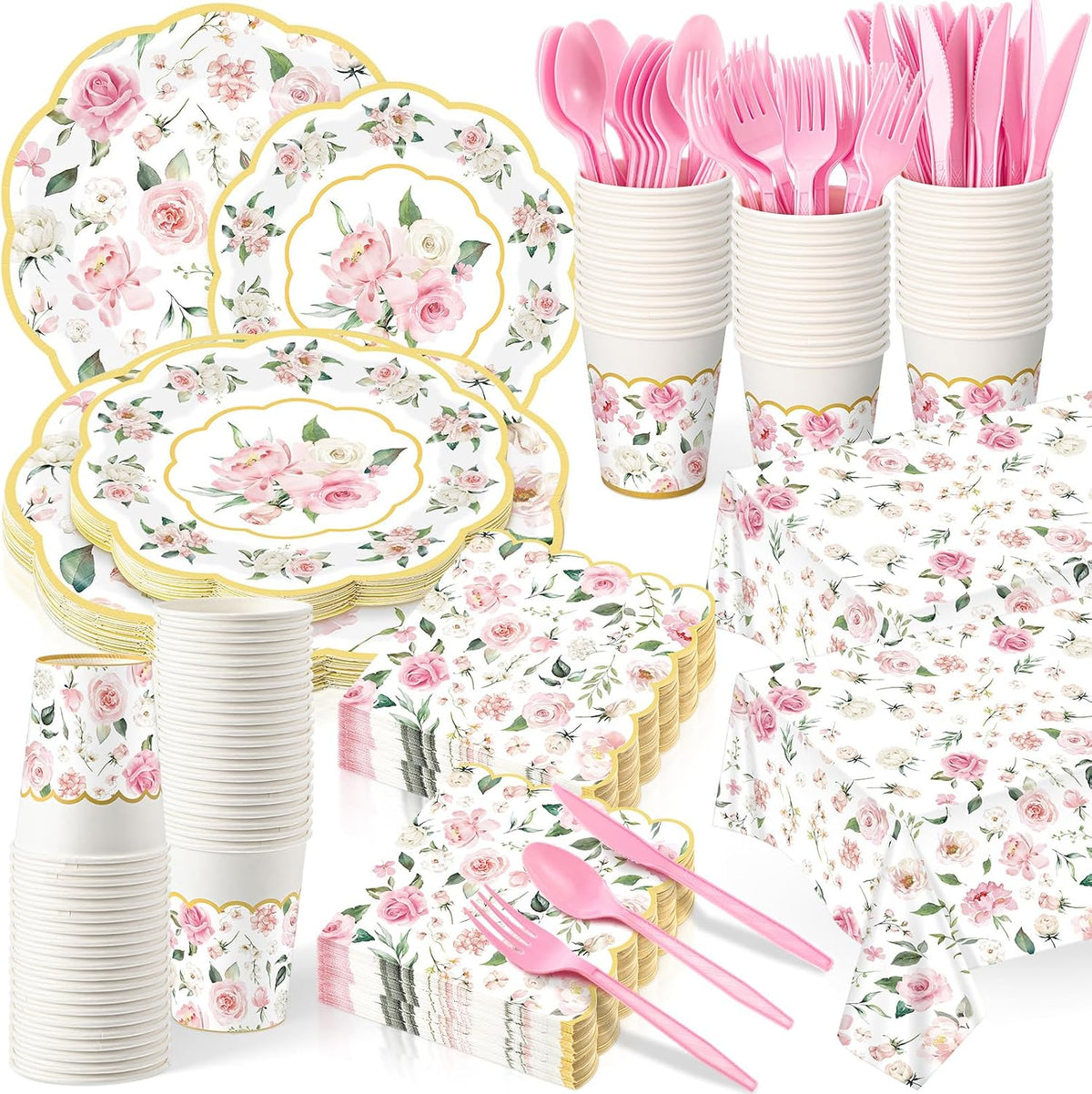 194 Pcs Floral Party Supplies Valentines Pink Floral Scalloped Plates and Napkins Tablecloth Cups Bridal Shower Disposable Tableware Set for Wedding Birthday Baby Shower Tea Party Decoration