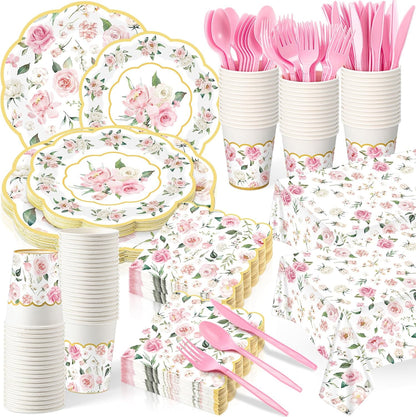 194 Pcs Floral Party Supplies Valentines Pink Floral Scalloped Plates and Napkins Tablecloth Cups Bridal Shower Disposable Tableware Set for Wedding Birthday Baby Shower Tea Party Decoration