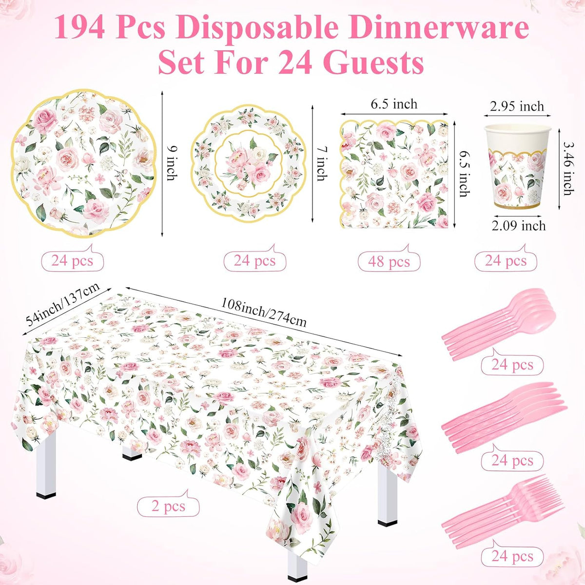 194 Pcs Floral Party Supplies Valentines Pink Floral Scalloped Plates and Napkins Tablecloth Cups Bridal Shower Disposable Tableware Set for Wedding Birthday Baby Shower Tea Party Decoration