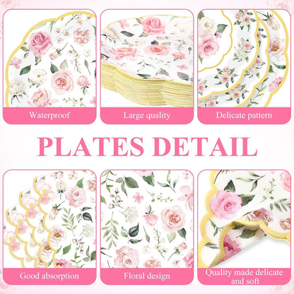 194 Pcs Floral Party Supplies Valentines Pink Floral Scalloped Plates and Napkins Tablecloth Cups Bridal Shower Disposable Tableware Set for Wedding Birthday Baby Shower Tea Party Decoration