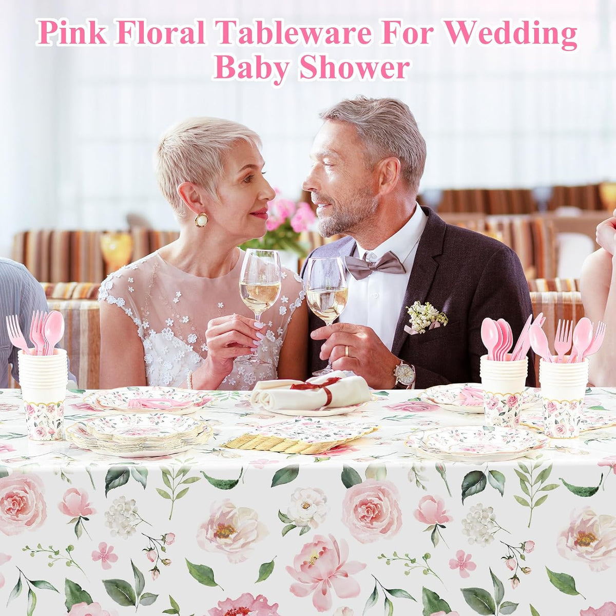 194 Pcs Floral Party Supplies Valentines Pink Floral Scalloped Plates and Napkins Tablecloth Cups Bridal Shower Disposable Tableware Set for Wedding Birthday Baby Shower Tea Party Decoration
