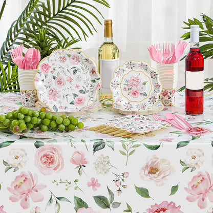 194 Pcs Floral Party Supplies Valentines Pink Floral Scalloped Plates and Napkins Tablecloth Cups Bridal Shower Disposable Tableware Set for Wedding Birthday Baby Shower Tea Party Decoration