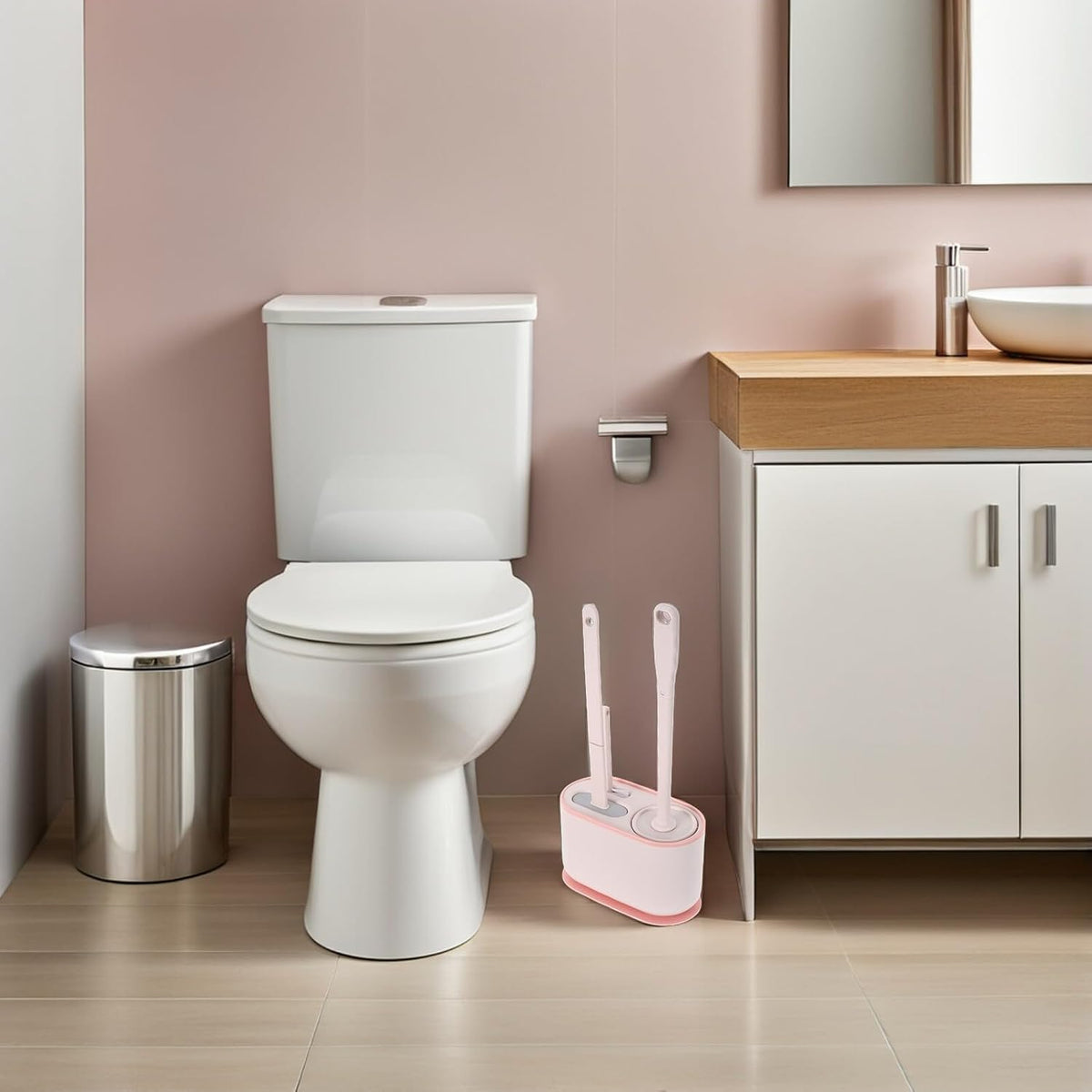 Wall Mounted Toilet Brush Set Long Handle Plastic Pink