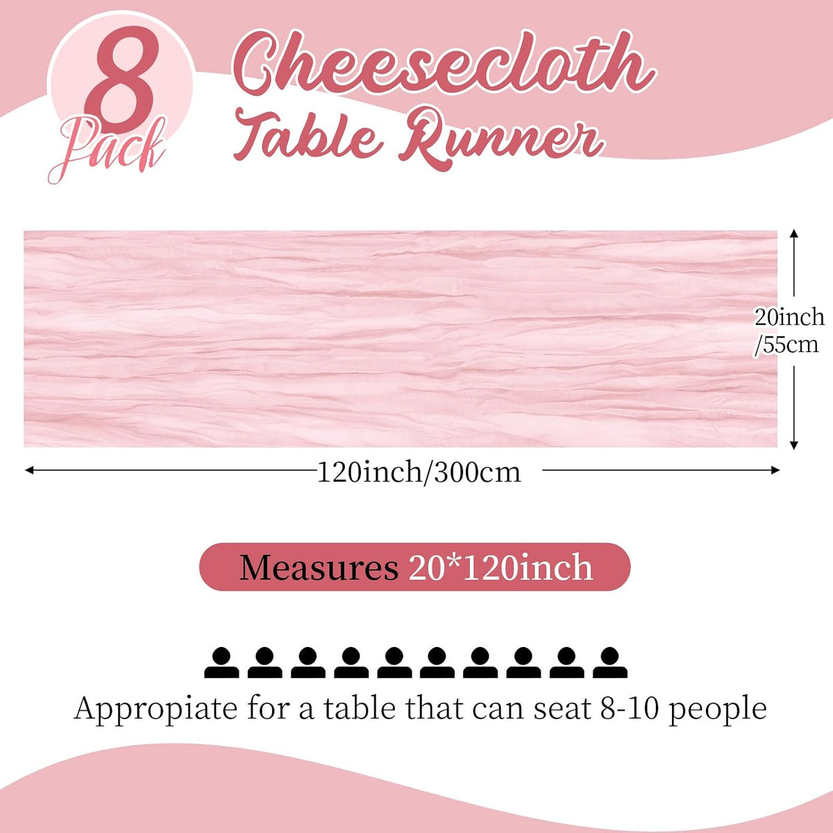 8 Pack Light Pink Cheesecloth Table Runners 20x120 Inch Gauze Table Runner Cheese Cloth 10FT Pink Table Runner Rustic Sheer Runner for Wedding Birthday Party Baby Shower Table Decor