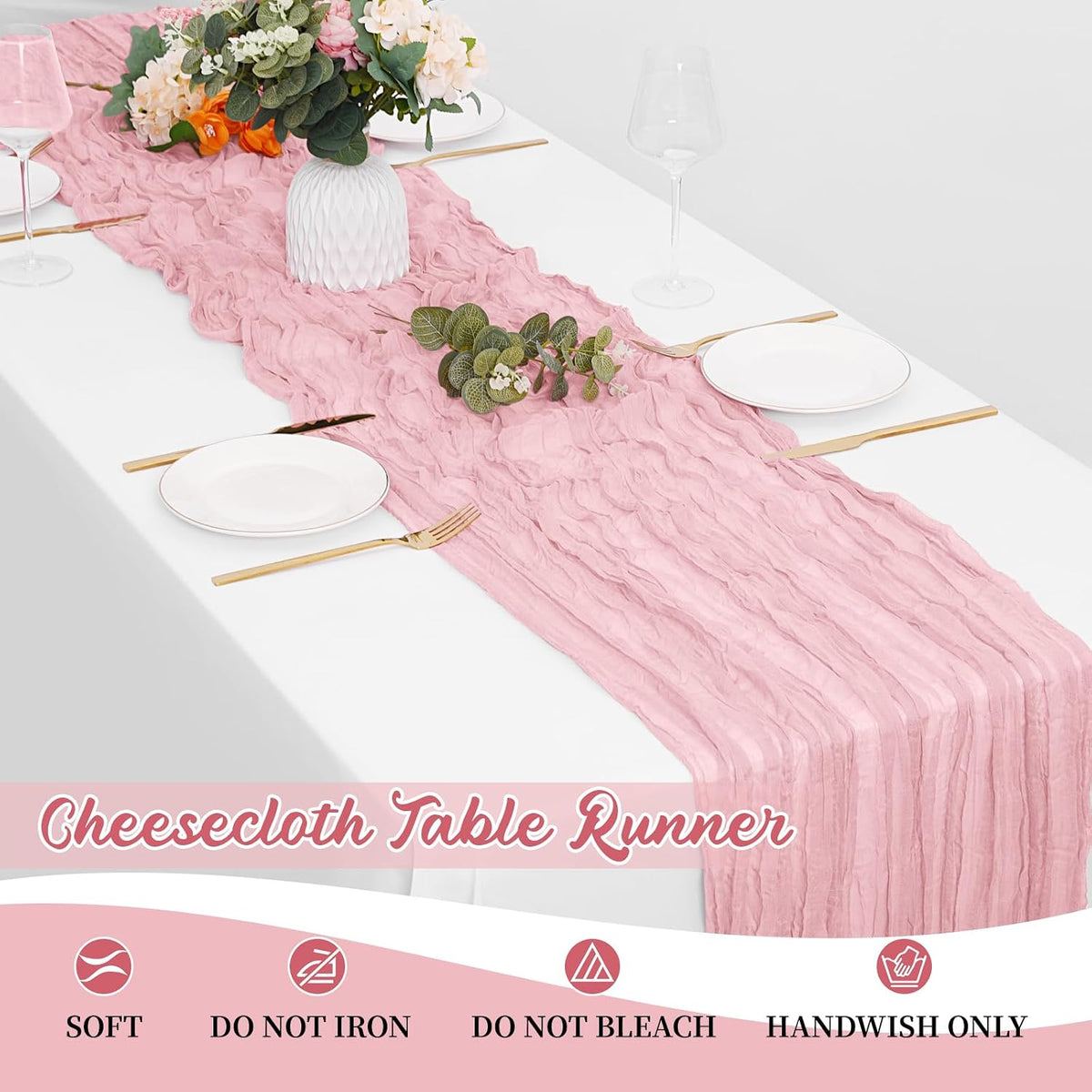 8 Pack Light Pink Cheesecloth Table Runners 20x120 Inch Gauze Table Runner Cheese Cloth 10FT Pink Table Runner Rustic Sheer Runner for Wedding Birthday Party Baby Shower Table Decor