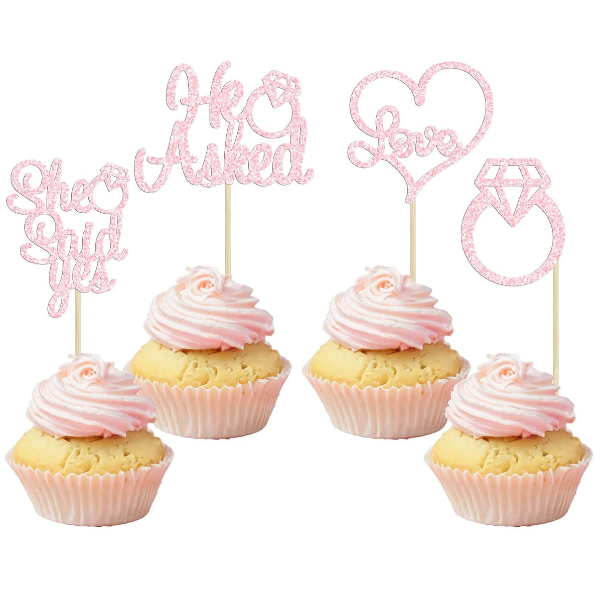 24 Pack He Asked She Said Yes Cupcake Toppers Light Pink Glitter Heart Ring Cupcake Picks Wedding Engagement Bridal Shower Party Cake Decorations Supplies