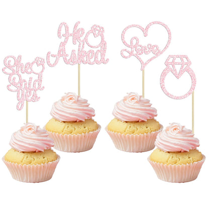 24 Pack He Asked She Said Yes Cupcake Toppers Light Pink Glitter Heart Ring Cupcake Picks Wedding Engagement Bridal Shower Party Cake Decorations Supplies