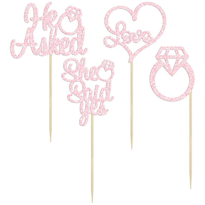 24 Pack He Asked She Said Yes Cupcake Toppers Light Pink Glitter Heart Ring Cupcake Picks Wedding Engagement Bridal Shower Party Cake Decorations Supplies