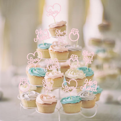 24 Pack He Asked She Said Yes Cupcake Toppers Light Pink Glitter Heart Ring Cupcake Picks Wedding Engagement Bridal Shower Party Cake Decorations Supplies