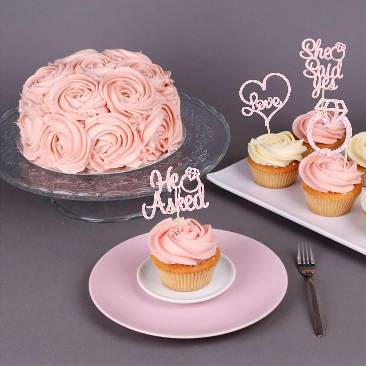 24 Pack He Asked She Said Yes Cupcake Toppers Light Pink Glitter Heart Ring Cupcake Picks Wedding Engagement Bridal Shower Party Cake Decorations Supplies