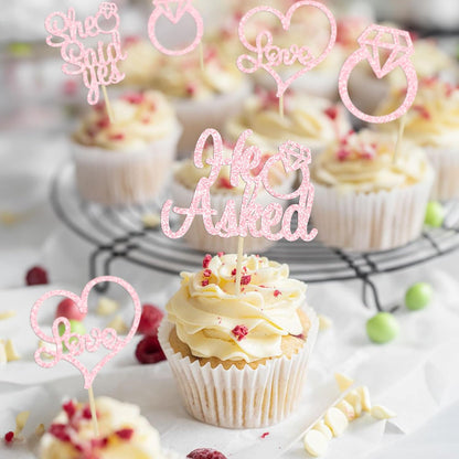24 Pack He Asked She Said Yes Cupcake Toppers Light Pink Glitter Heart Ring Cupcake Picks Wedding Engagement Bridal Shower Party Cake Decorations Supplies