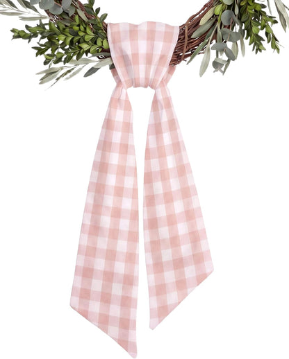 Peach Gingham Wreath Sash for Front Door, Spring Easter Baby Shower Buffalo Check Plaid Ribbon Bow, 5.12" x 54" Farmhouse Wedding Home Decor