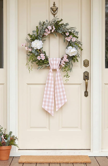 Peach Gingham Wreath Sash for Front Door, Spring Easter Baby Shower Buffalo Check Plaid Ribbon Bow, 5.12" x 54" Farmhouse Wedding Home Decor