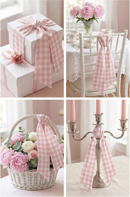 Peach Gingham Wreath Sash for Front Door, Spring Easter Baby Shower Buffalo Check Plaid Ribbon Bow, 5.12" x 54" Farmhouse Wedding Home Decor