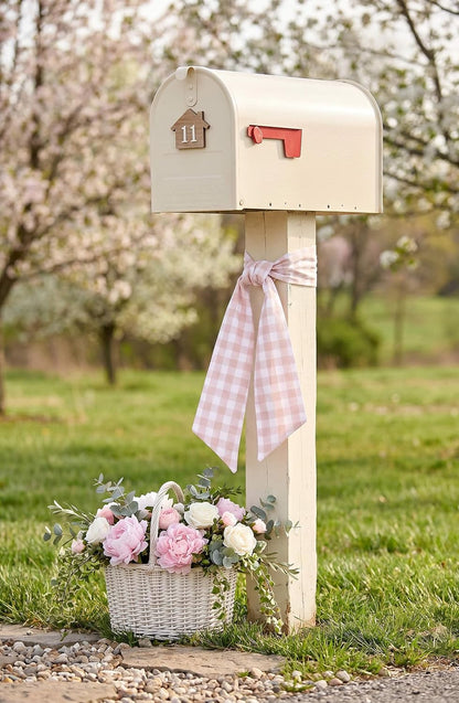 Peach Gingham Wreath Sash for Front Door, Spring Easter Baby Shower Buffalo Check Plaid Ribbon Bow, 5.12" x 54" Farmhouse Wedding Home Decor