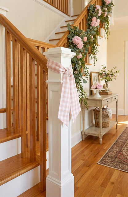 Peach Gingham Wreath Sash for Front Door, Spring Easter Baby Shower Buffalo Check Plaid Ribbon Bow, 5.12" x 54" Farmhouse Wedding Home Decor
