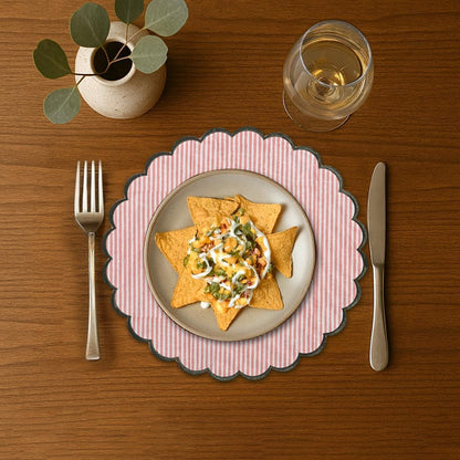 Floral Block Print Round Placemats 15" in, Set of 4,Heart Pink Stripe