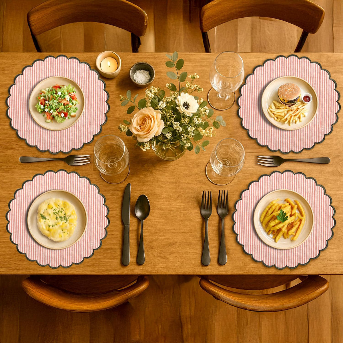 Floral Block Print Round Placemats 15" in, Set of 4,Heart Pink Stripe