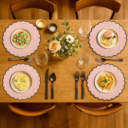 Floral Block Print Round Placemats 15" in, Set of 4,Heart Pink Stripe
