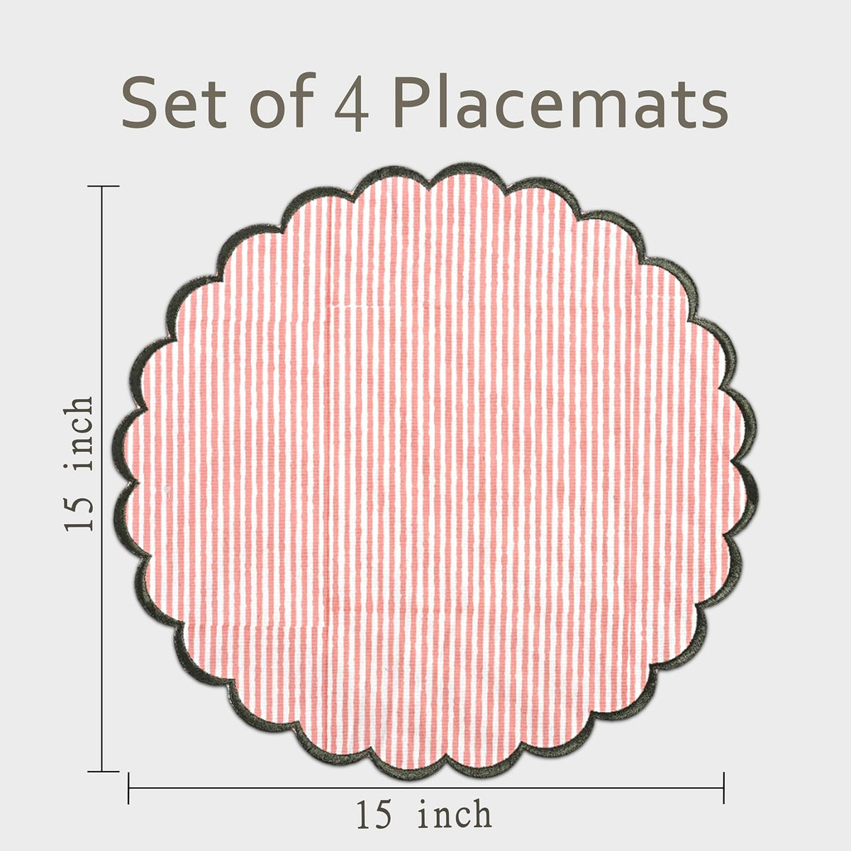 Floral Block Print Round Placemats 15" in, Set of 4,Heart Pink Stripe