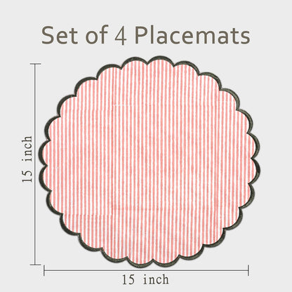 Floral Block Print Round Placemats 15" in, Set of 4,Heart Pink Stripe