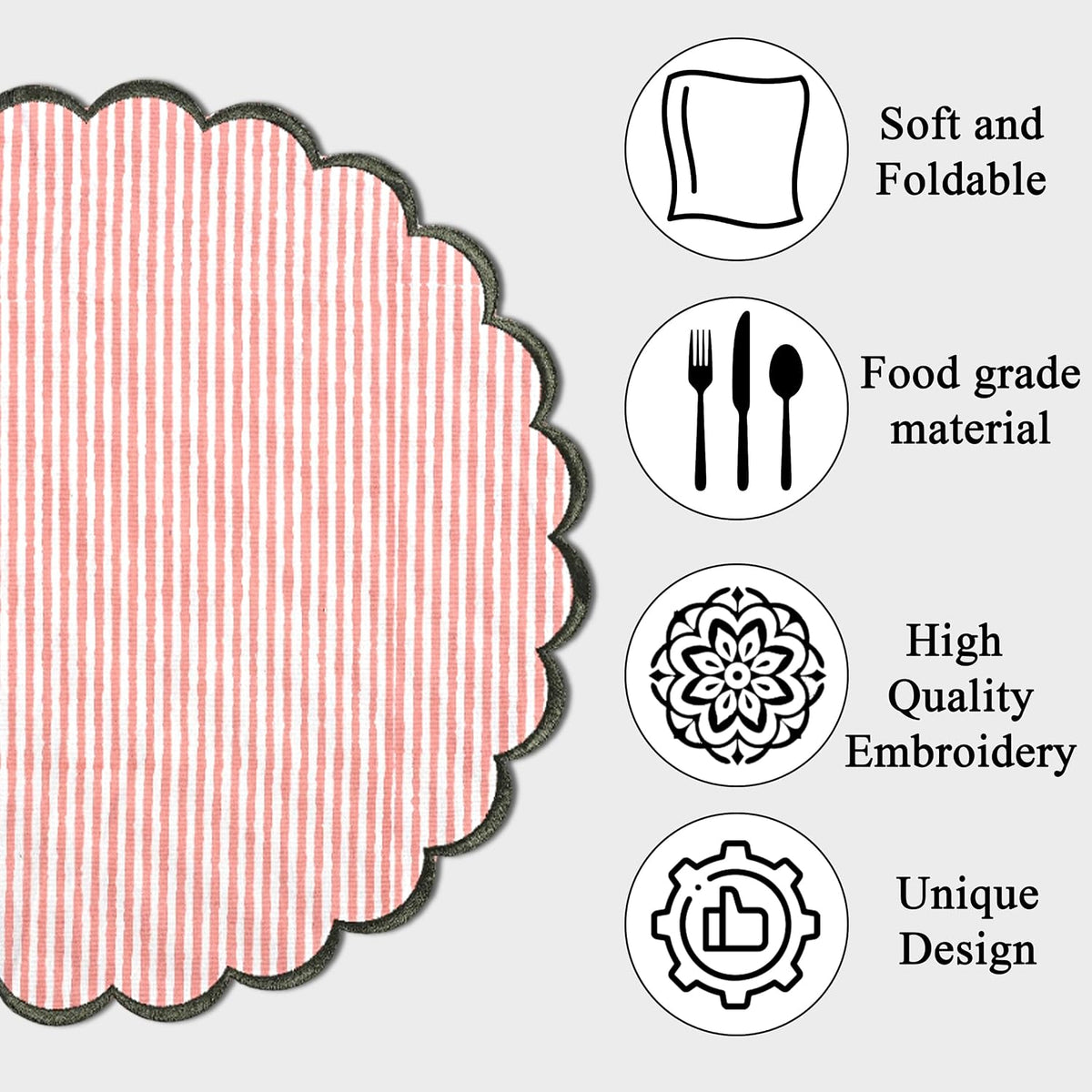 Floral Block Print Round Placemats 15" in, Set of 4,Heart Pink Stripe