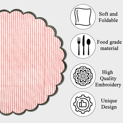 Floral Block Print Round Placemats 15" in, Set of 4,Heart Pink Stripe