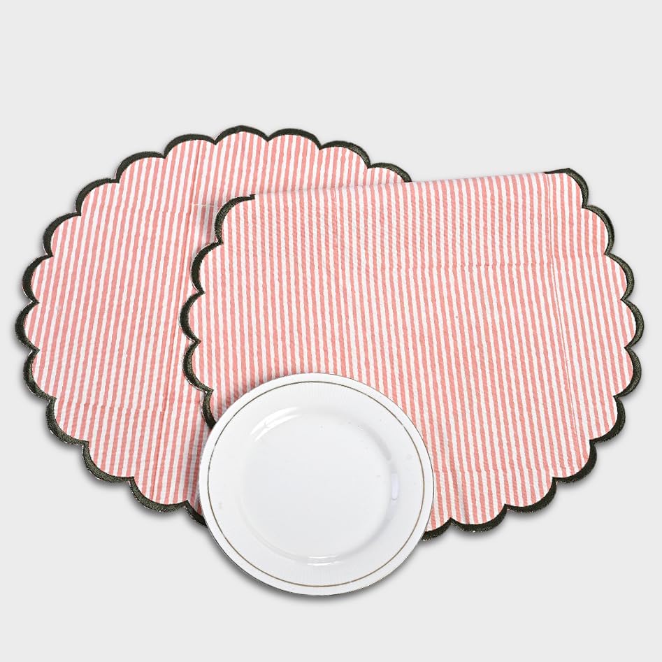 Floral Block Print Round Placemats 15" in, Set of 4,Heart Pink Stripe